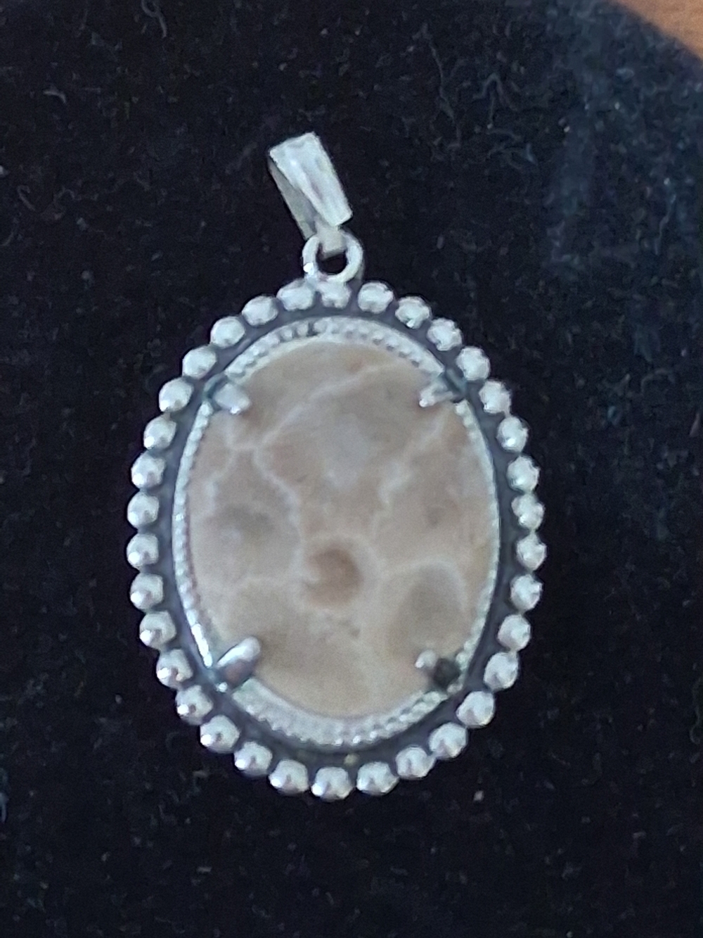 Silver Tone Beige Stone Oval Pendant